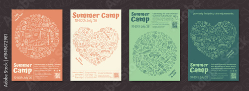 Vertical summer camp sketch collection with outdoor line style. Camp adventure, travel and family hiking creates a colorfull doodle icon design perfect for summer adventure projects and outdoor
