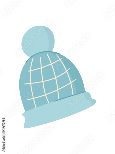 Warm winter cap in flat cartoon graphic style. Soft clothes hat as cute cloth textile gift for needy kid and child. Simple blue beanie for donate charity support and community welfare projects