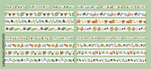 Cute color travel doodle stripe bundle in seamless outdoor adventure style pattern. Hiking and camp equipment set with playful elements, perfect for adventure trip or camp bundle themes.