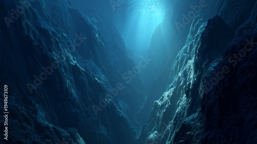 ultra deep ocean trench, abyssal zone, massive underwater canyon stretching into darkness, steep rocky walls covered with bioluminescent organisms, deep blue and black color palette.