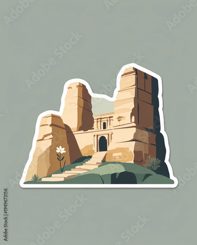 Stylish canyon cliff hill sticker design illustration inspired by Petra architecture in dark blue and purple color wallpaper background