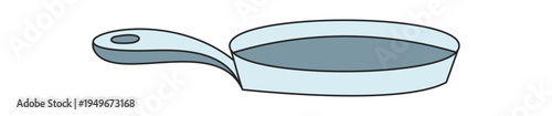 Blue frying pan for camp and picnic, outdoor item for adventure kitchen. This equipment icon uses sketch drawing and doodle style, with color graphic fun recreation scenes.
