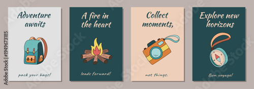 Colorful adventure camp doodle banner collection with backpack and campfire as cartoon travel icons. Compass and bag enrich the camp background. Ideal for adventure themes travel collection.