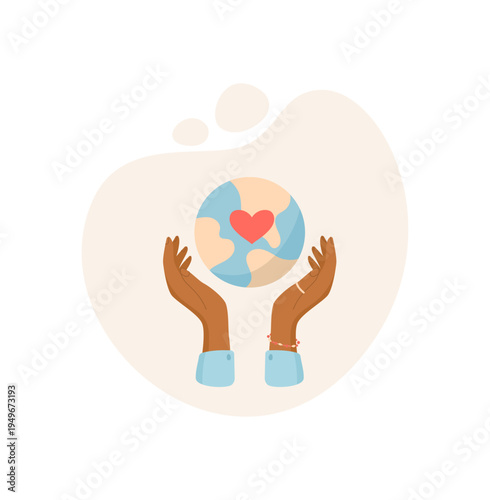 Charity hands hold soft earth with heart. Gentle palms raise a world of love and care. Global donate concept as hopeful support for people and community. Warm flat style icon art, neutral background