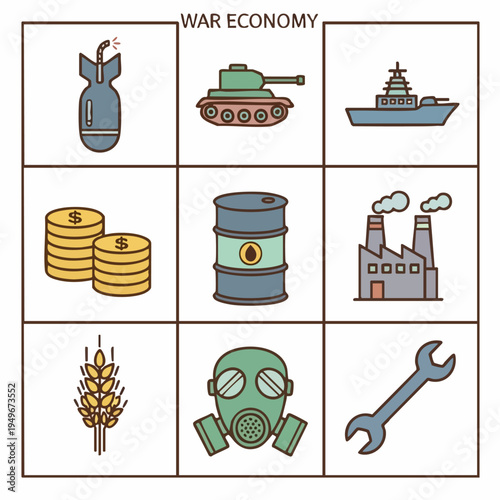 War Economy Icon Grid Showing Military Industry.