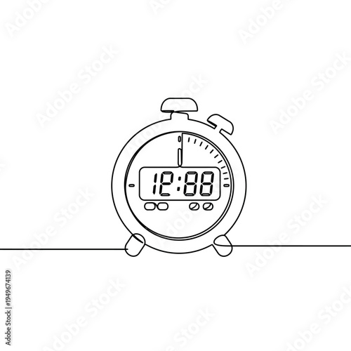 Minimalist Line Art of a Digital Alarm Clock Displaying Time.