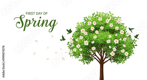 Illustration of a blooming tree with pink flowers and green leaves on the first day of spring against a clean white background with vibrant spring colors.