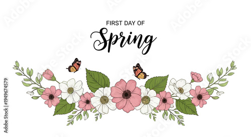 Illustration of a floral arrangement with pink and white flowers, green leaves, and butterflies, celebrating the first day of spring with a springtime concept against a clean white