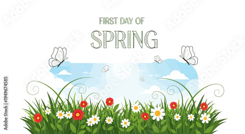 Illustration of a vibrant spring landscape with blooming flowers, green grass, and butterflies, symbolizing the first day of spring and seasonal change.
