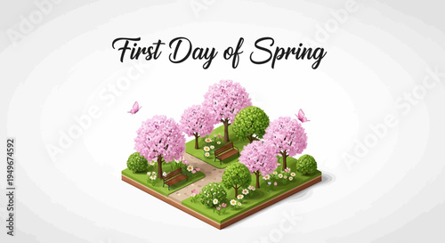 Isometric illustration of a vibrant spring garden with blooming pink trees and green grass on the first day of spring against a clean white background.
