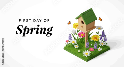 Illustration of a birdhouse surrounded by blooming flowers and butterflies on a green patch of grass, symbolizing the first day of spring with vibrant colors and a nature rebirth concept.