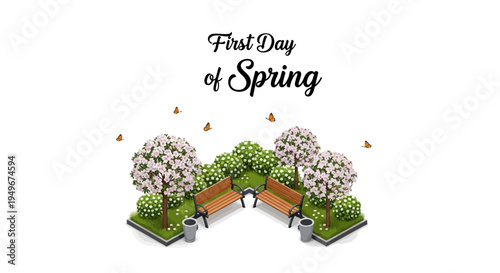 Illustration of a vibrant spring scene with blooming flowers and green leaves on a white background, representing the first day of spring season.