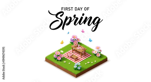 Isometric illustration of a vibrant spring scene with blooming flowers and butterflies on a green lawn, symbolizing the first day of spring and seasonal change.