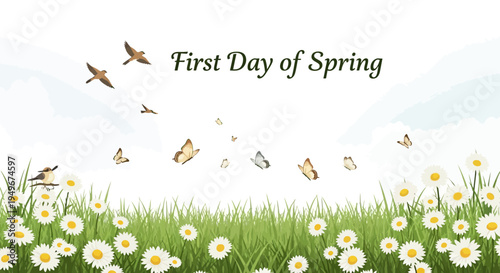 Illustration of a vibrant spring landscape with blooming flowers, butterflies, and the text 'First Day of Spring' against a fresh green nature background with warm sunlight.
