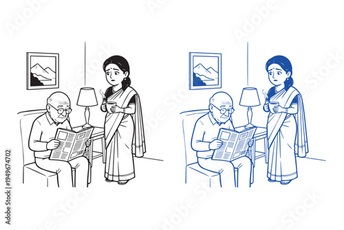 An elderly man reads a newspaper while a concerned woman stands beside him in a living room setting, shown in both monochrome and blue line styles.
