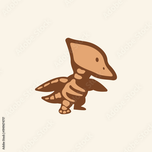 Cute cartoon pterosaur with brown tones. Simple design, friendly face, gentle posture. Ideal for children's books or educational content. Perfect for dinosaur themes or prehistoric fun