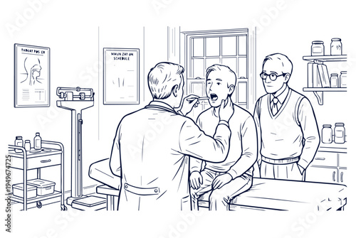 A doctor examines a patient's throat while another older man observes the medical consultation inside a clinical examination room.