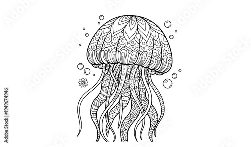 Ornamental zentangle jellyfish doodle illustration detailed marine coloring book vector art