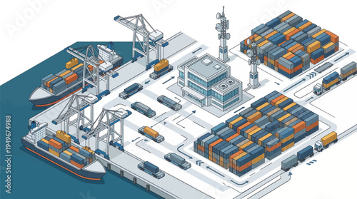 Isometric illustration of a shipping port with cargo containers and cranes.