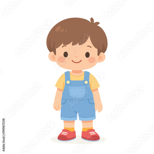Cute cartoon vector portrait of a little boy standing with a cheerful smile, simple playful style, showing innocence, childhood joy, and a friendly character design.