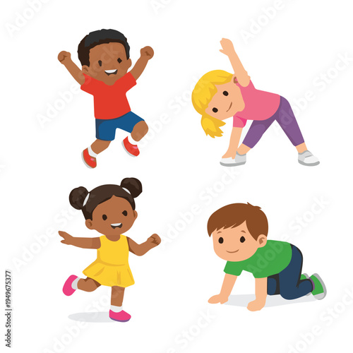 Cute vector illustration of four children doing warm-up exercises before sports, stretching their arms and legs with cheerful gestures, promoting healthy habits and active play.