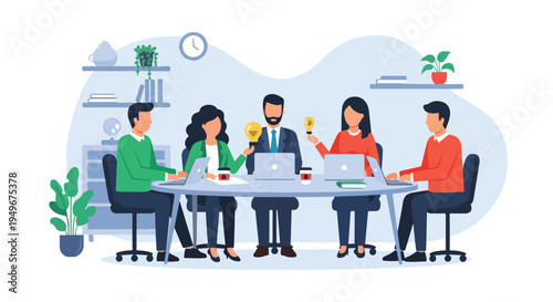 Five professionals collaborate around a table in an office setting, working on laptops and brainstorming ideas, highlighted by two holding lightbulbs.