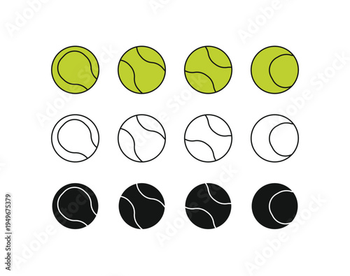 Tennis balls in three rows show color variation. Each ball displays standard seam pattern. Light, mid, and dark tones create visual contrast. No people, so emotions are not applicable