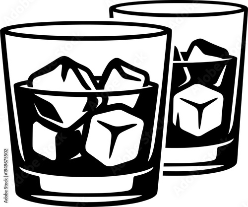 Black and White Whiskey Glasses with Ice SVG Vector Outline

