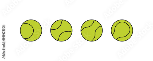 Four tennis balls lined up neatly. Bright green color with classic seam patterns. Simple design, no branding or logos. Ideal for sports, games, or educational use
