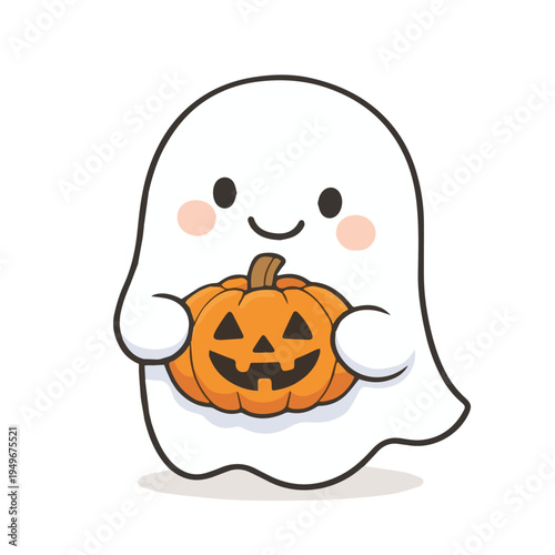 Adorable vector of a cute ghost holding a bright Halloween pumpkin, floating happily with a cheerful expression, playful spooky theme and charming cartoon style.