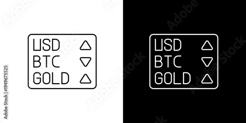 Conceptual icon illustration of global financial market trends, showing currency, cryptocurrency, and precious metal values with directional indicators