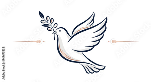 Elegant vector illustration of a white dove with olive branch and lines