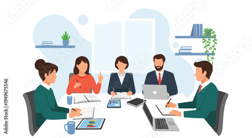 Five business professionals, a diverse group of three women and two men, collaborate at a meeting table with laptops, tablets, and notebooks in an office setting.