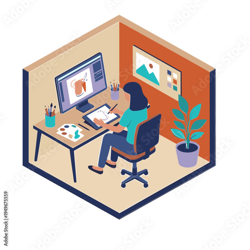 Woman working on computer with graphics and designs in a cozy office cubicle