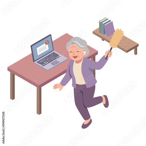 Elderly woman joyfully cleans with a duster near her laptop on a desk.