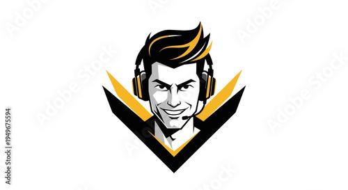 Esports gamer logo vector illustration of a person with headset and focused expression