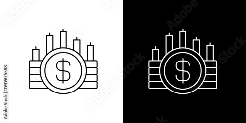 Financial growth and investment vector icon with dollar coins and ascending bar chart elements, symbolizing market prosperity and economic success