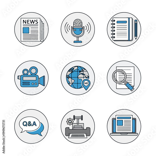 Journalism icons arranged in grid layout