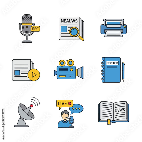 Journalism icons arranged in grid layout