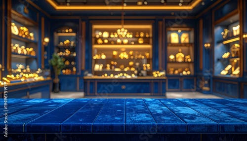 The blue velvet counter was empty, with a blurry backdrop of a gold shop.