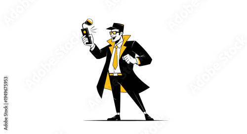 Illustrated man with smartphone taking picture against white background