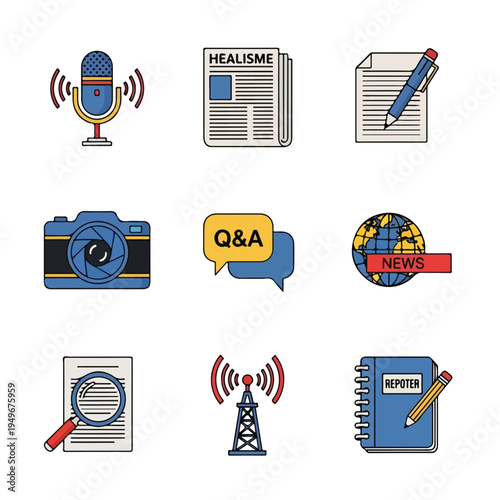 Journalism icons arranged in grid layout