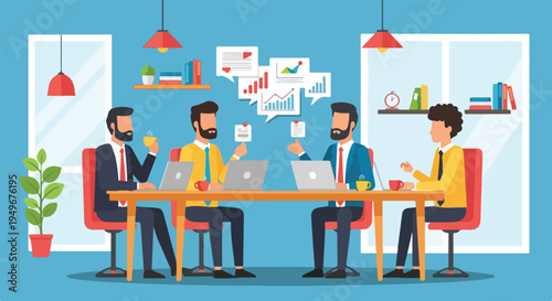 Four diverse businessmen collaborate at a long table in a bright office, surrounded by laptops, charts, and documents, discussing business ideas.