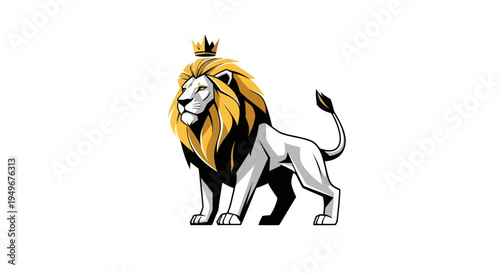 Majestic lion illustration wearing a golden crown on a white background