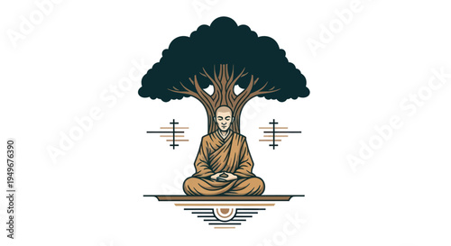 Meditating figure under a tree symbolic representation and vector illustration