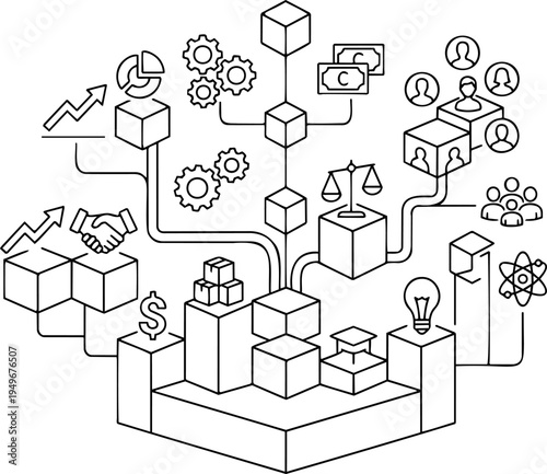 Isometric line art vector of business ecosystem, corporate network and strategy diagram