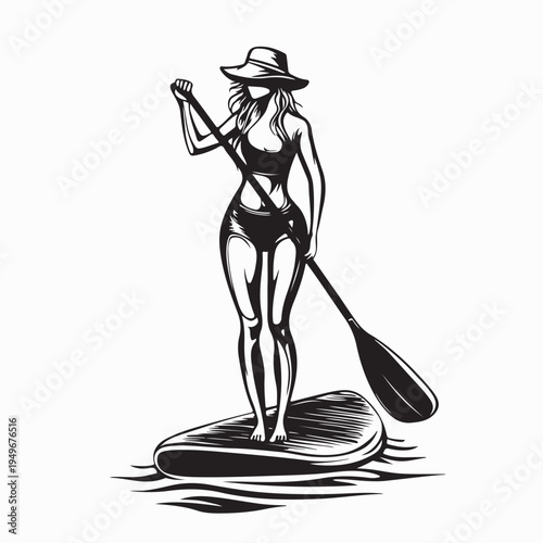 Stand Up Paddleboarding Concept With Female Character Vector