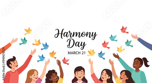 Illustration of diverse people celebrating Harmony Day on March 21 with colorful birds flying overhead, promoting unity and cultural diversity in a vibrant and peaceful scene.