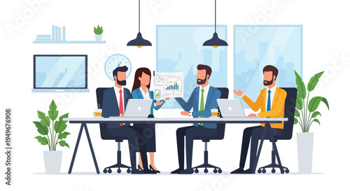 Four business professionals, including a woman and three men, are engaged in a collaborative meeting at a long desk in a modern office, presenting and discussing data with laptops and charts.