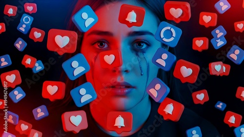 Young woman overwhelmed by the relentless pressure of social media expectations and the emotional toll of online validation, depicted with tears streaming down her face amidst a barrage of floating